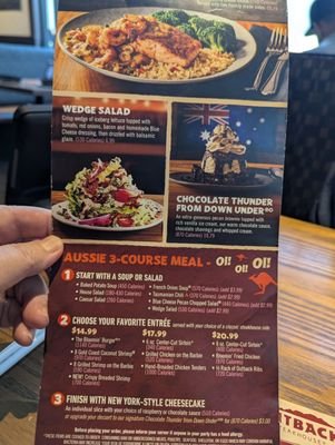 Outback Steakhouse down under Menu With Prices